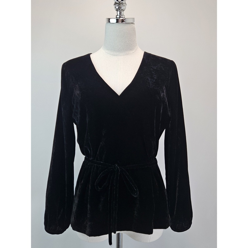 J.Crew Womens Black Velvet V-Neck Tie Waist Wrap Top Long Sleeve Size 6
